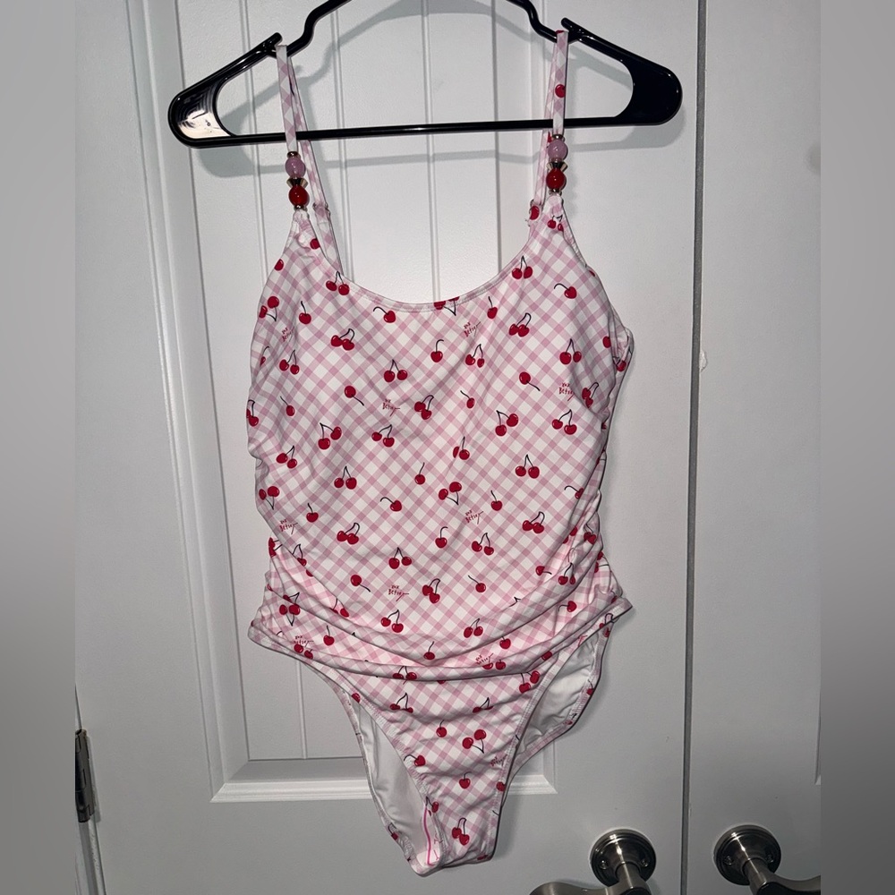 NWOT Betsey Johnson Pink Cherry One Piece Swimsuit with Skirt Cover UpSize Large